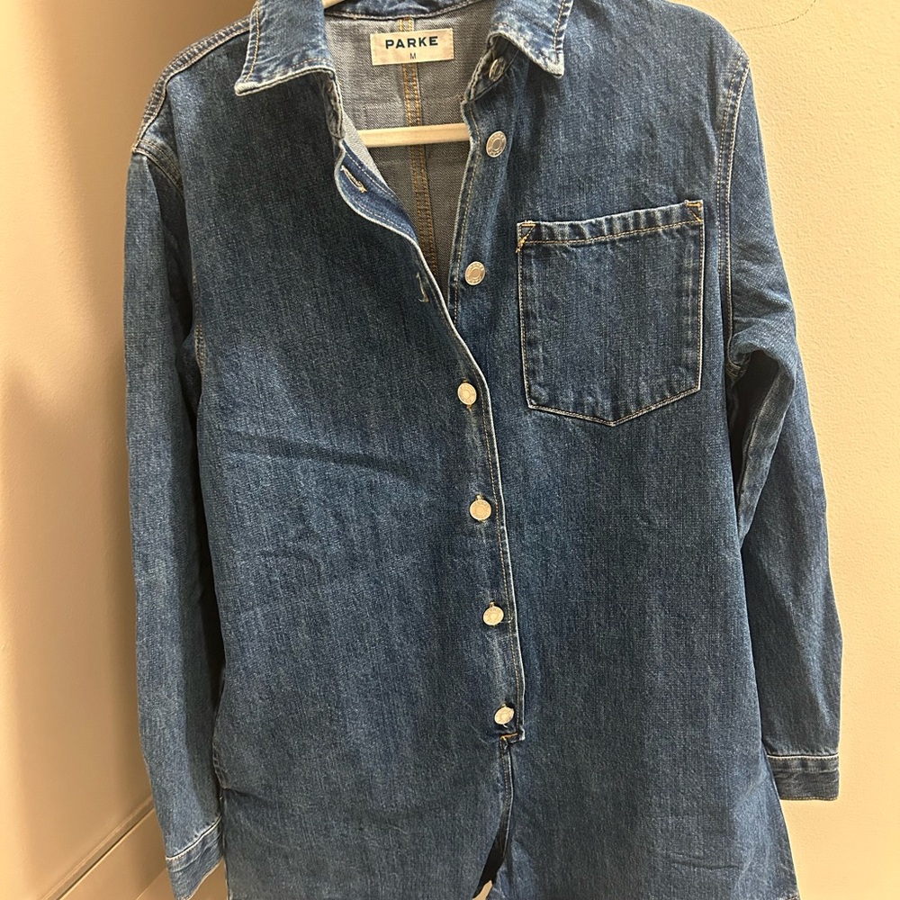 Parke Denim Long Sleeve Romper in Medium Wash
